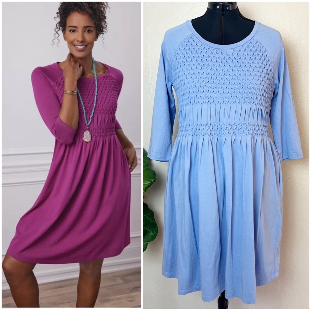 Soft Surroundings Smocked Empire Dress in Magenta and Light Blue